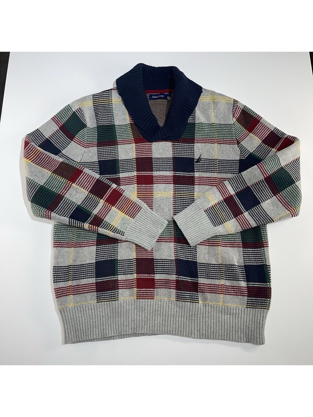 VTG Nautica Mens L Shawl Collar Plaid Sweater Gray Red Green Cotton Grandpa